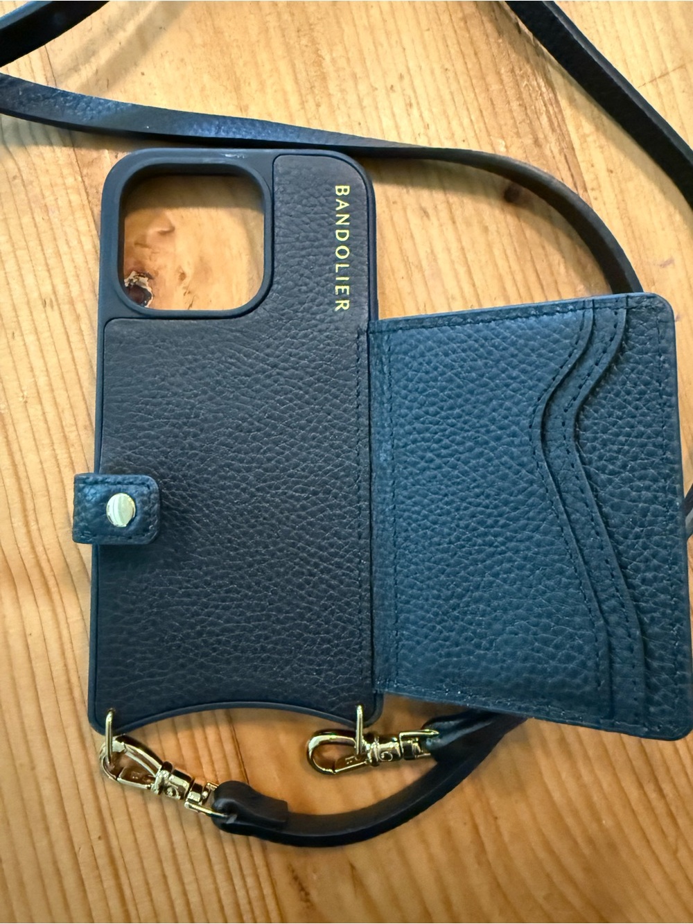 Bandolier Black Leather Crossbody Wallet Case with Gold Hardware and strap